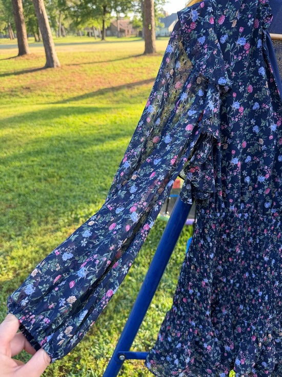 Lush Floral Smocked Mini Dress Medium Navy Blue Ruffle Long Sleeve Cottagecore - Picture 6 of 8